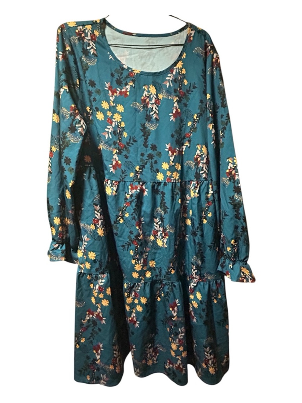 Teal Floral Long-Sleeve Tiered Dress - Women's